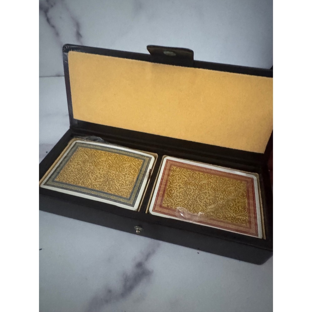 Vintage Rene Clement Double Deck Playing Cards Gold Filigree Sealed Case Set